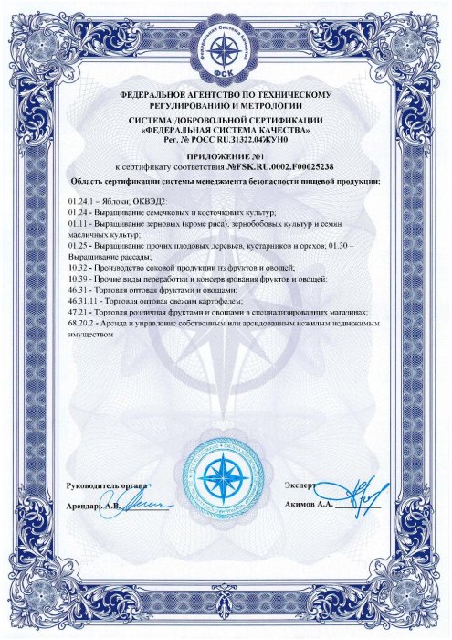 Приложение к сертификату ИСО ООО «Фрукты Старого Крыма» Приложение к сертификату ИСО ООО «Фрукты Старого Крыма»